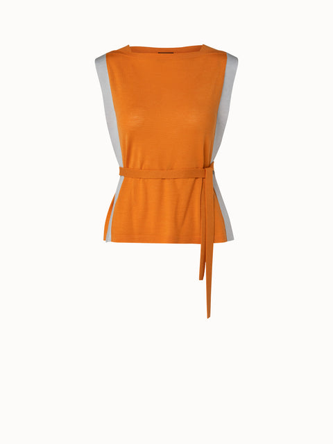 Wool Silk Knit Tank Top with Contrast Tape Detail
