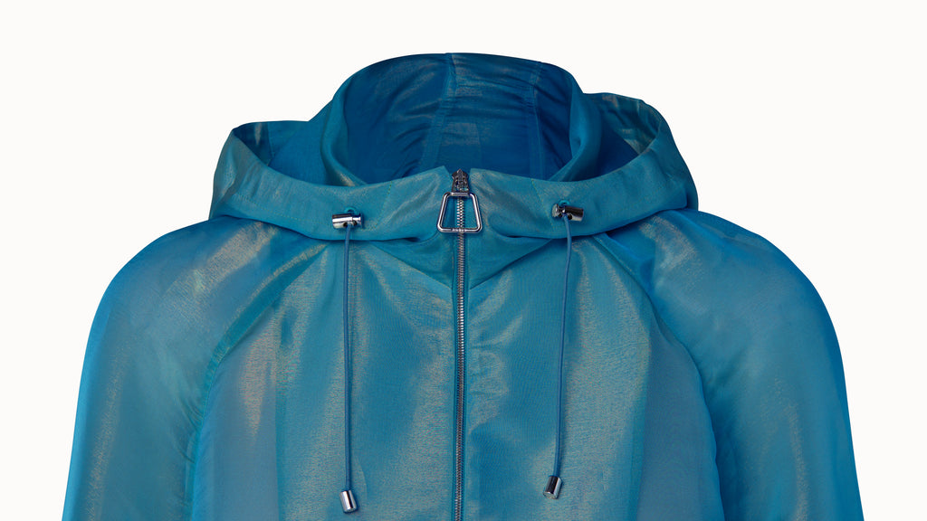 Silk Techno Iridescent Organza Voluminous Blouson Jacket - blue