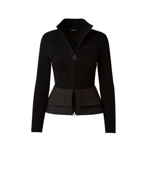 Wool Ribbed Knit Jacket with Peplum Detail in Techno Quilted Trapezoid Fabric