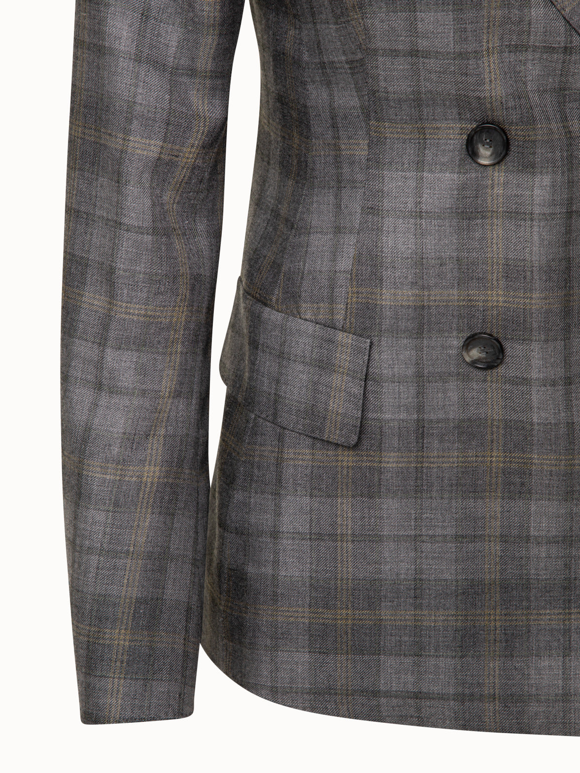 Checked Wool Silk Gabardine Double-Breasted Jacket