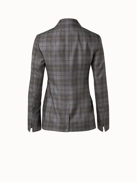 Checked Wool Silk Gabardine Double-Breasted Jacket