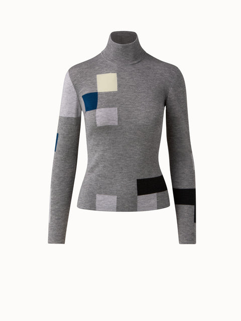 Cashmere Silk Intarsia Knit Fitted Mock Neck Pullover