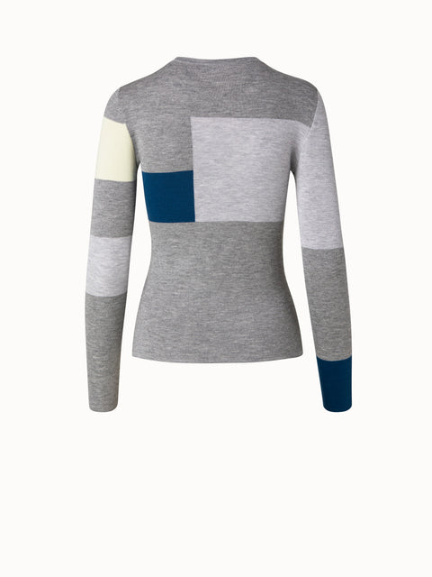Cashmere Silk Intarsia Knit Fitted Crew Neck Pullover
