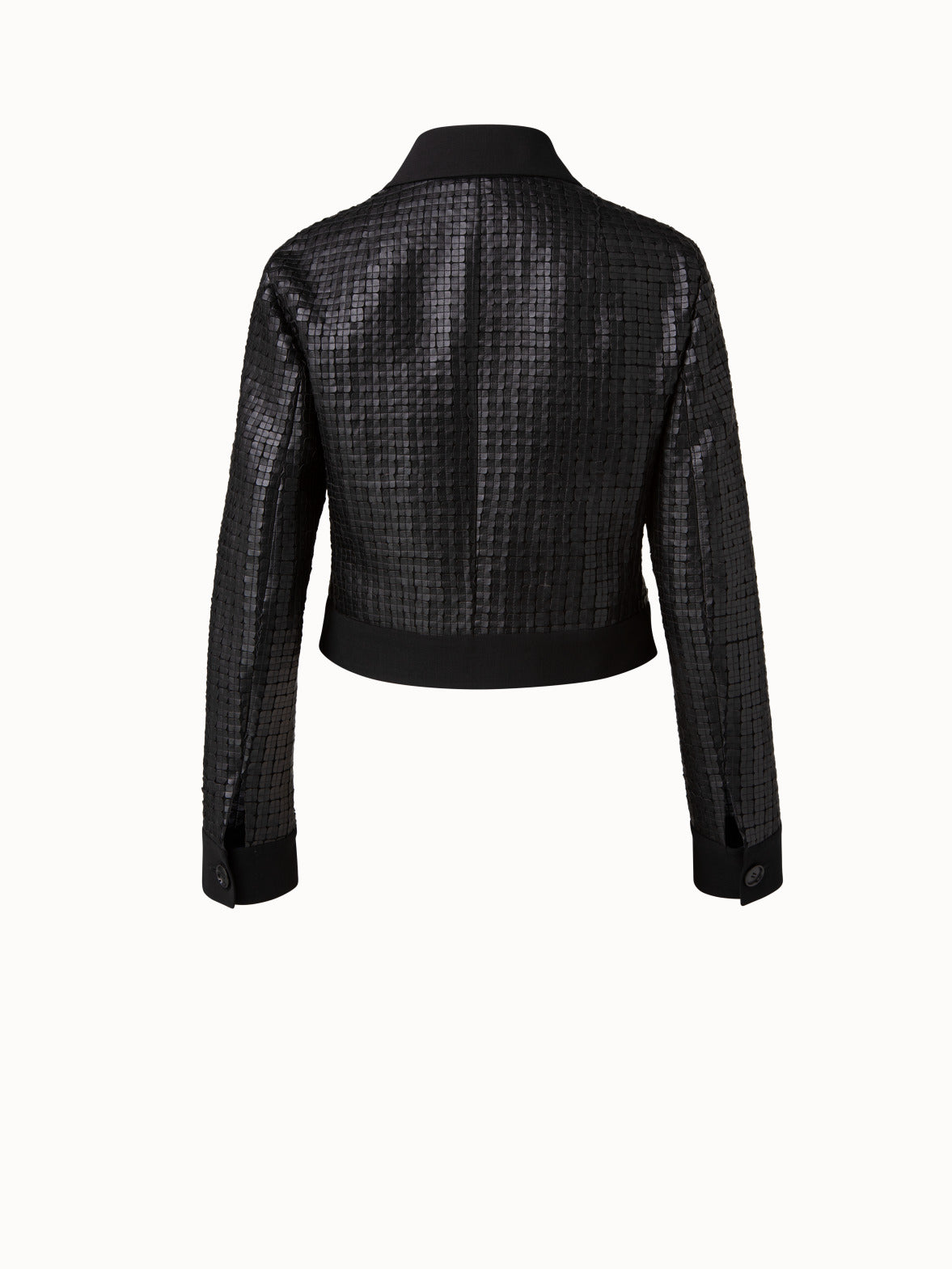 Wool Double-Face Short Jacket with with Faux Leather Superposé Grid Em