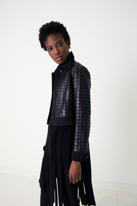 Wool Double-Face Short Jacket with with Faux Leather Superposé Grid Embellishment
