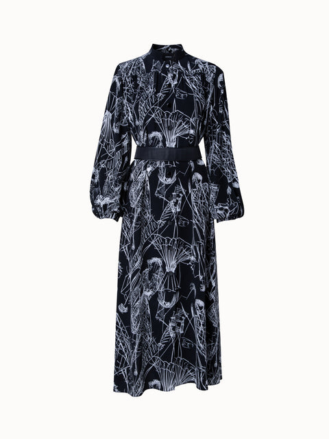 Silk Kaftan Dress with Croquis Print