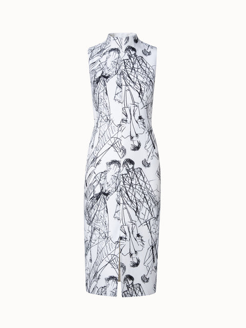 Cotton Silk Double-Face Sheath Dress with Croquis Print