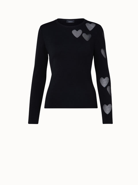Silk Stretch Knit Pullover with Transparent Hearts Intarsia
