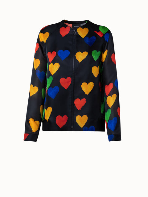 Silk Organza Bomber Jacket with Hearts Print