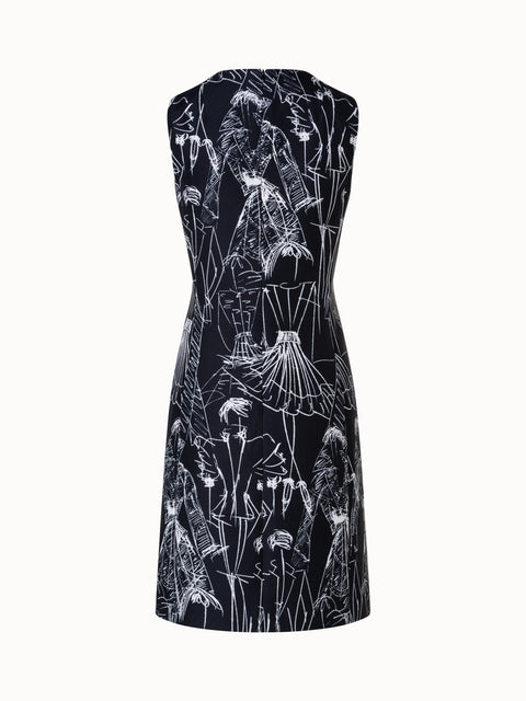 Cotton Silk Double-Face Sheath Dress with Croquis Print